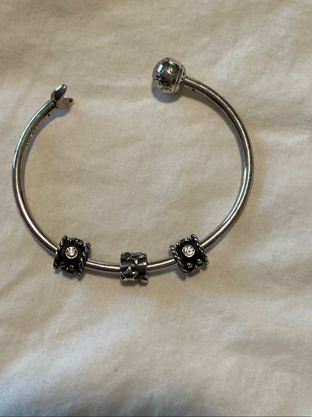 Pandora Silver Open Bangle with Three Decorative Charms - Silver